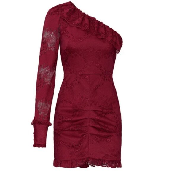 💕ALEXIS💕 Ilana Lace Long Sleeve Dress ~ Dark Red XS One Shoulder Sheath Dress - Picture 7 of 14